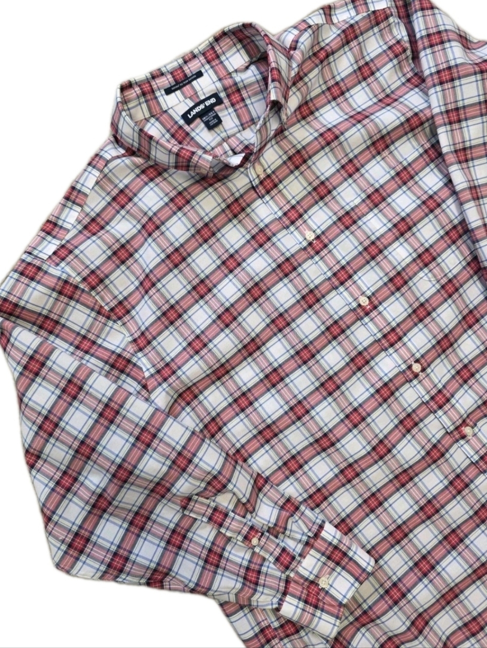 Lands End Mens Button Up Supima No Iron Size 18 1/2 35T Red White Plaid Wedding